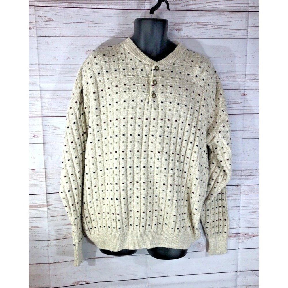 Vtg Metrics Mens Knit Sweater Size XL Beige w/ multicolored design 100% Cotton